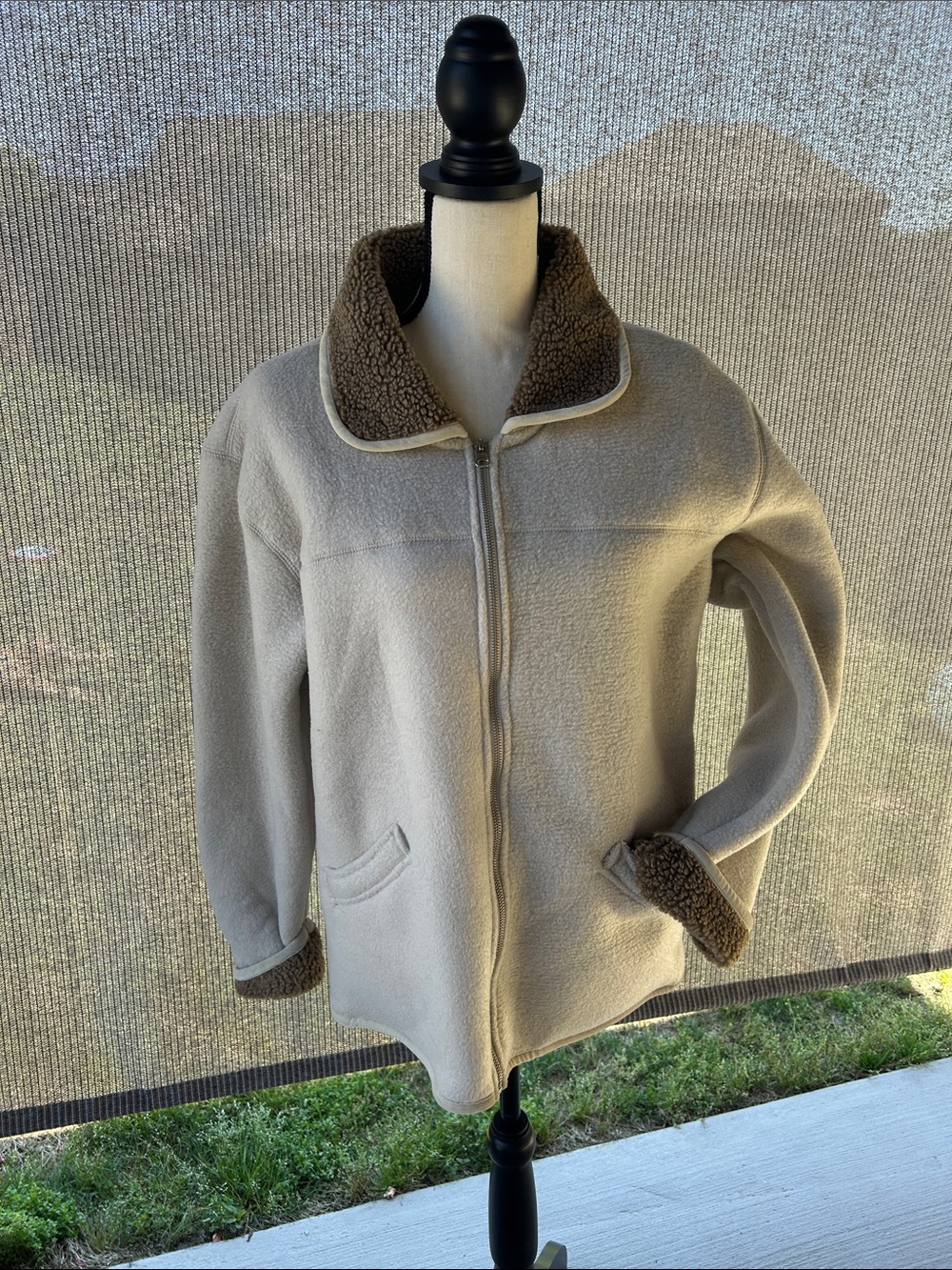 Women's Cream Sherpa-Lined Zip Jacket with Brown Trim